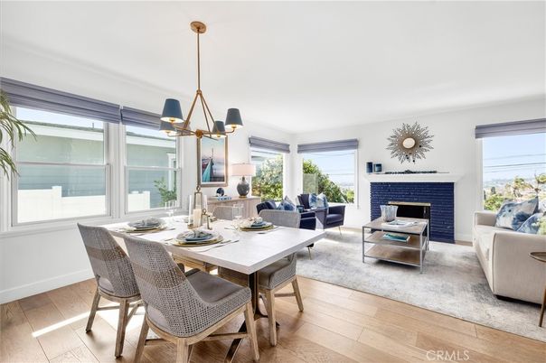 Dining room, Fireplace, Interior, Living room, Pendant Lights, Wood Texture Flooring