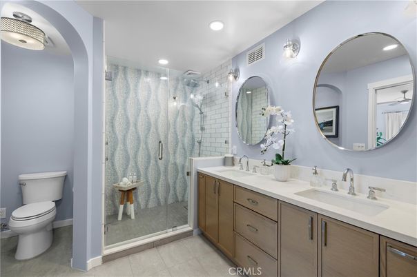 Bathroom, Dual Sink Vanities, Glass Shower, Interior, Recessed Lighting