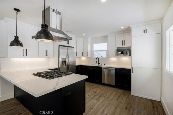 Interior, Kitchen, Pendant Lights, Recessed Lighting, Stainless Steel Appliances, Wood Texture Flooring