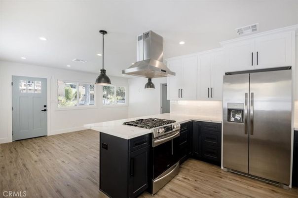 Interior, Kitchen, Pendant Lights, Recessed Lighting, Stainless Steel Appliances, Wood Texture Flooring