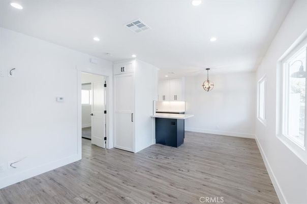Empty room, Interior, Pendant Lights, Recessed Lighting, Wood Texture Flooring