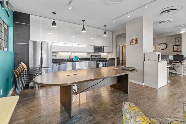 Dining room, Interior, Kitchen, Pendant Lights, Stainless Steel Appliances, Wood Texture Flooring