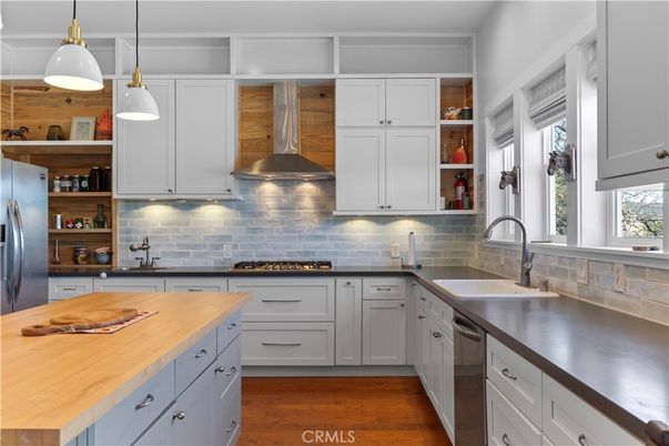 Interior, Kitchen, Pendant Lights, Stainless Steel Appliances, Wood Texture Flooring