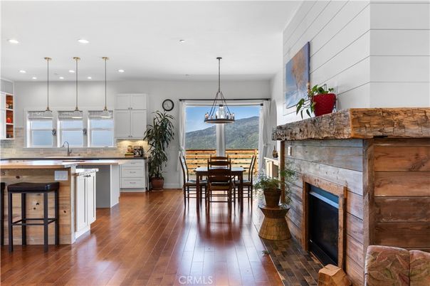 Dining room, Fireplace, Interior, Kitchen, Pendant Lights, Recessed Lighting, Stone Walls, Wood Texture Flooring
