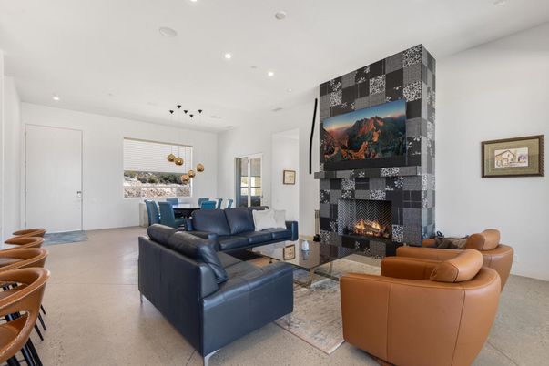 Dining room, Fireplace, Interior, Living room, Pendant Lights, Recessed Lighting