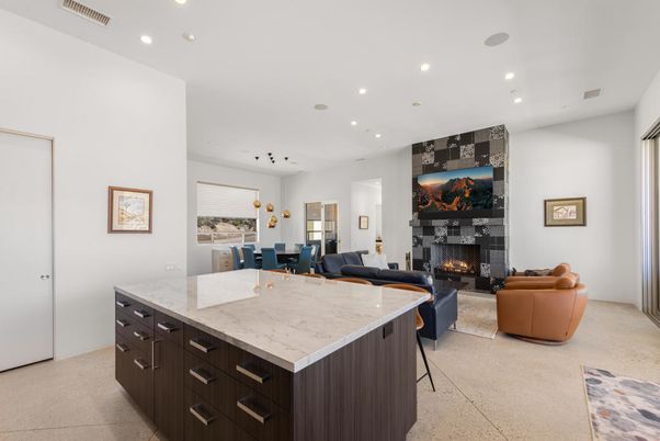 Dining room, Fireplace, Interior, Kitchen, Living room, Recessed Lighting