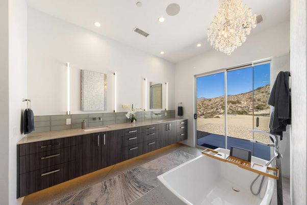 Bathroom, Chandelier, Dual Sink Vanities, Free Standing Baths, Interior, Recessed Lighting