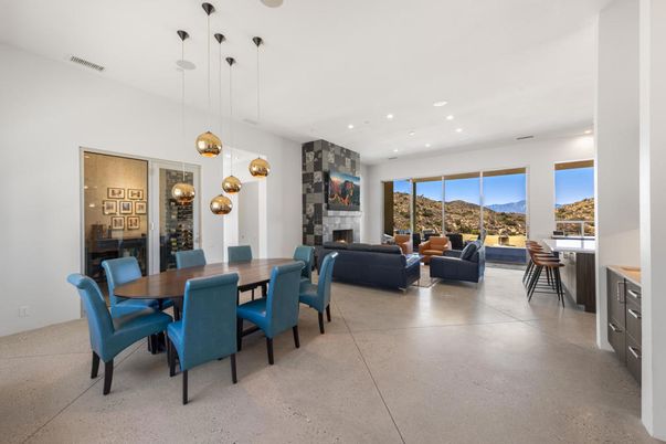 Dining room, Fireplace, Interior, Living room, Pendant Lights, Recessed Lighting