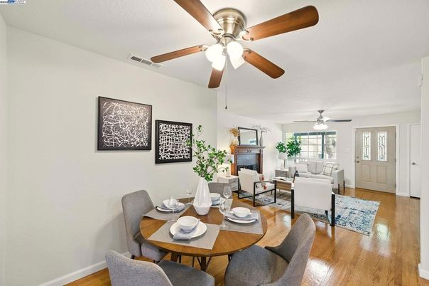 Dining room, Fireplace, Interior, Living room, Wood Texture Flooring
