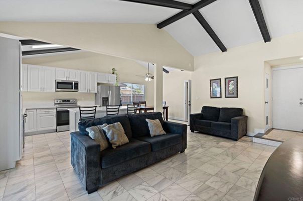 Dining room, Interior, Kitchen, Living room, Stainless Steel Appliances, Wooden Beams