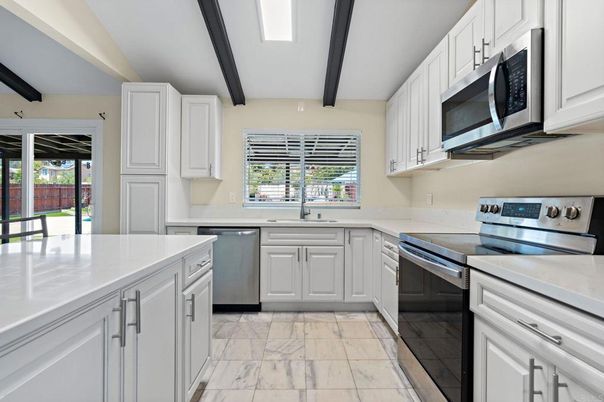 Interior, Kitchen, Marble, Recessed Lighting, Stainless Steel Appliances, Wooden Beams
