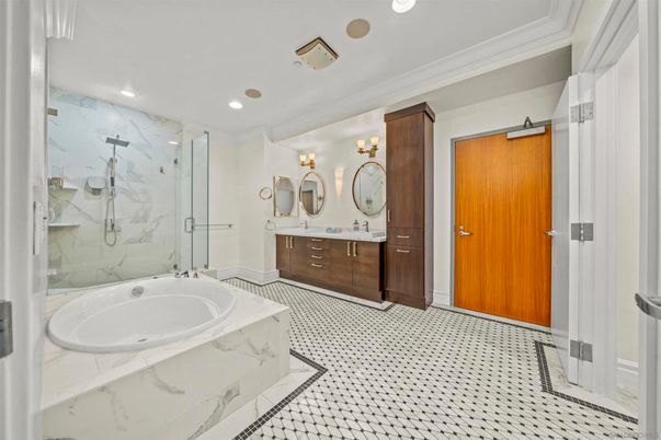Bathroom, Dual Sink Vanities, Glass Shower, Interior, Marble Walls, Recessed Lighting