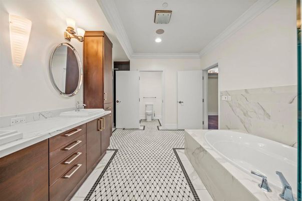 Bathroom, Dual Sink Vanities, Interior, Marble Walls, Recessed Lighting