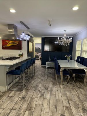 Chandelier, Dining room, Interior, Pendant Lights, Recessed Lighting, Wood Texture Flooring