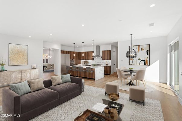 Dining room, Interior, Kitchen, Living room, Pendant Lights, Recessed Lighting, Stainless Steel Appliances, Wood Texture Flooring