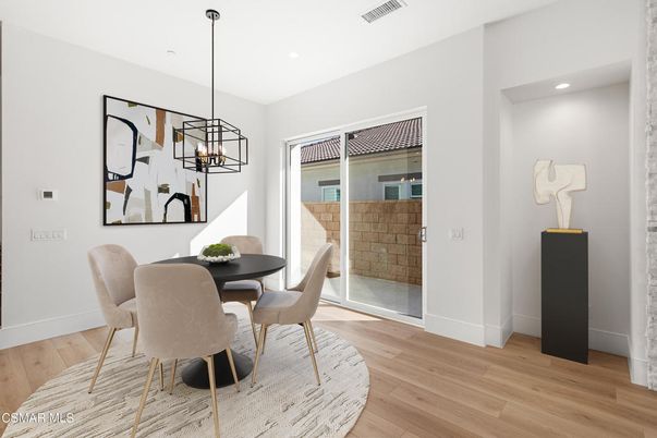 Dining room, Interior, Pendant Lights, Recessed Lighting, Wood Texture Flooring