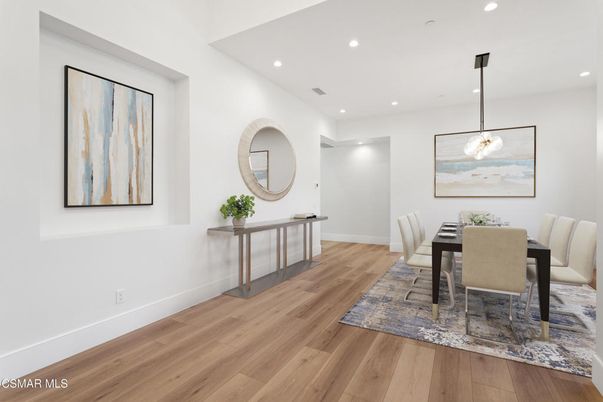 Dining room, Interior, Pendant Lights, Recessed Lighting, Wood Texture Flooring