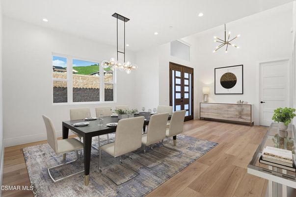 Dining room, Interior, Pendant Lights, Recessed Lighting, Wood Texture Flooring