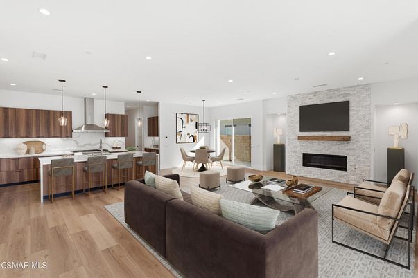 Dining room, Fireplace, Interior, Kitchen, Living room, Pendant Lights, Recessed Lighting, Stone Walls, Wood Texture Flooring