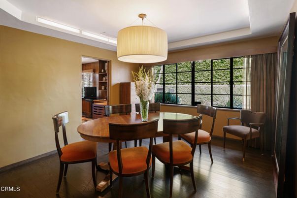 Dining room, Interior, Pendant Lights, Recessed Lighting, Wood Texture Flooring