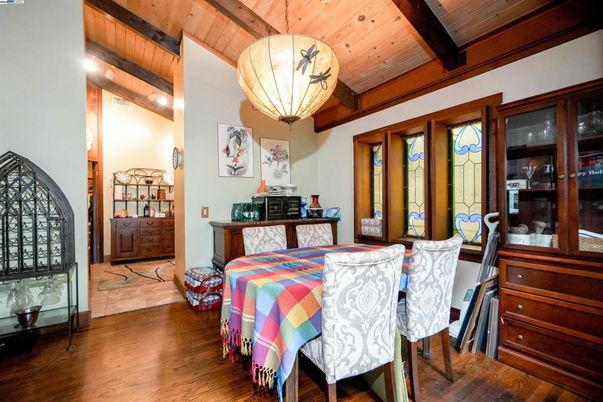 Dining room, Interior, Pendant Lights, Wooden Beams, Wooden Ceilings, Wood Texture Flooring