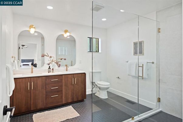 Bathroom, Dual Sink Vanities, Glass Shower, Interior, Recessed Lighting