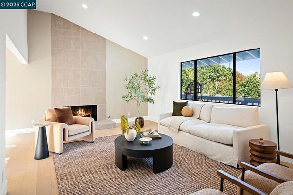 Fireplace, Interior, Living room, Recessed Lighting, Wood Texture Flooring