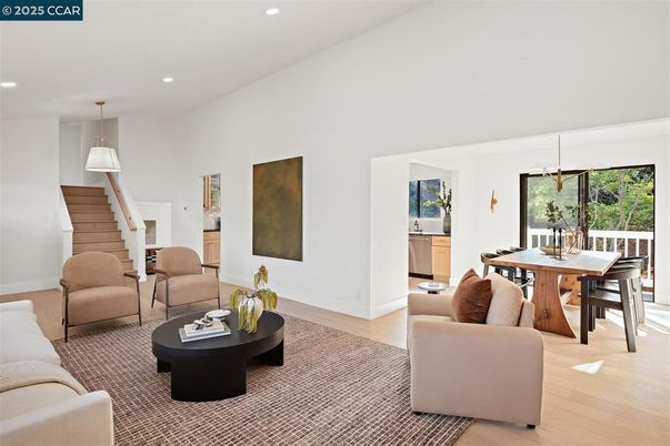 Dining room, Interior, Living room, Pendant Lights, Recessed Lighting, Wood Texture Flooring