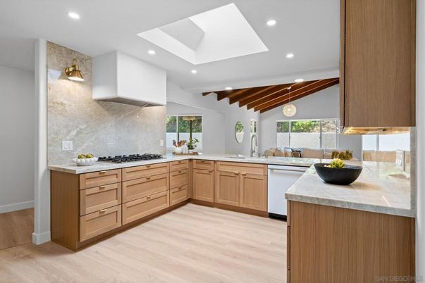 Interior, Kitchen, Pendant Lights, Recessed Lighting, Stainless Steel Appliances, Wooden Beams, Wood Texture Flooring