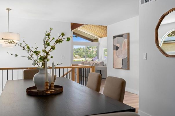 Dining room, Interior, Pendant Lights, Wood Texture Flooring