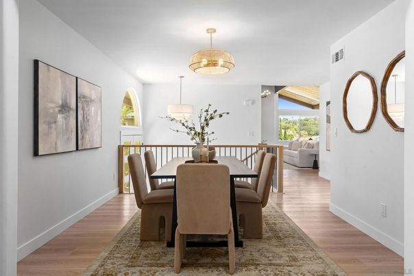 Dining room, Interior, Pendant Lights, Wood Texture Flooring