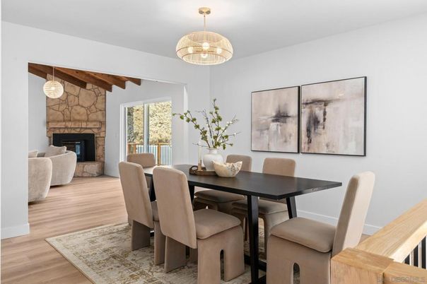 Dining room, Fireplace, Interior, Pendant Lights, Stone Walls, Wood Texture Flooring