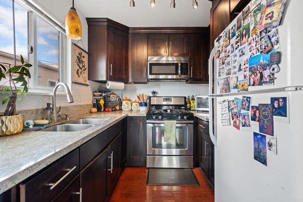 Interior, Kitchen, Pendant Lights, Stainless Steel Appliances, Wood Texture Flooring
