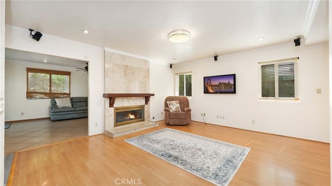 Empty room, Fireplace, Interior, Recessed Lighting, Wood Texture Flooring