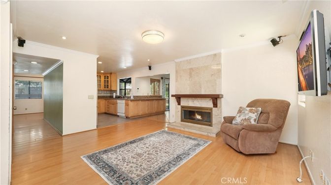 Fireplace, Interior, Kitchen, Living room, Recessed Lighting, Wood Texture Flooring