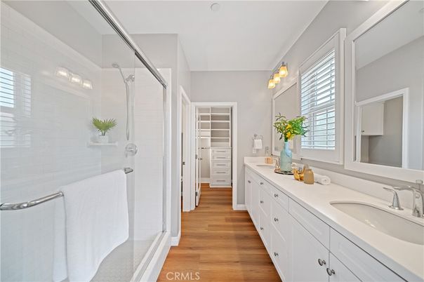 Bathroom, Dual Sink Vanities, Glass Shower, Interior, Wood Texture Flooring