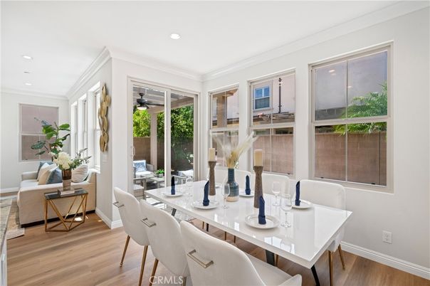 Dining room, Interior, Living room, Recessed Lighting, Wood Texture Flooring