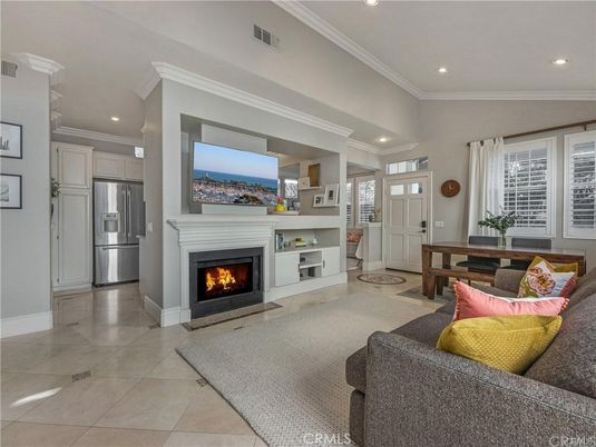 Fireplace, Interior, Kitchen, Living room, Recessed Lighting, Stainless Steel Appliances