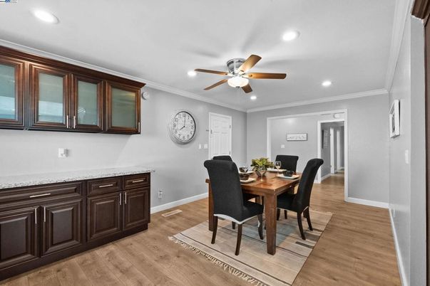 Dining room, Interior, Recessed Lighting, Wood Texture Flooring