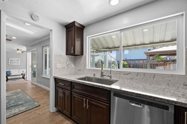 Interior, Kitchen, Marble Walls, Recessed Lighting, Wood Texture Flooring