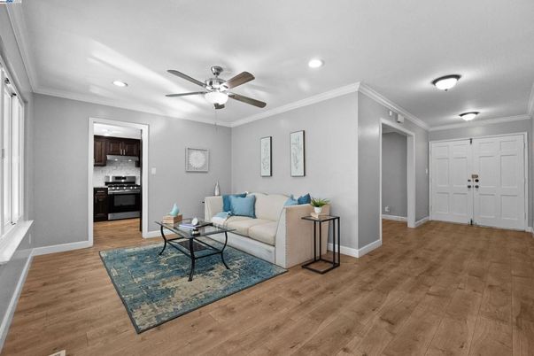 Interior, Kitchen, Living room, Recessed Lighting, Stainless Steel Appliances, Wood Texture Flooring