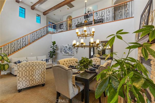 Chandelier, Dining room, Interior, Living room, Recessed Lighting, Wooden Beams
