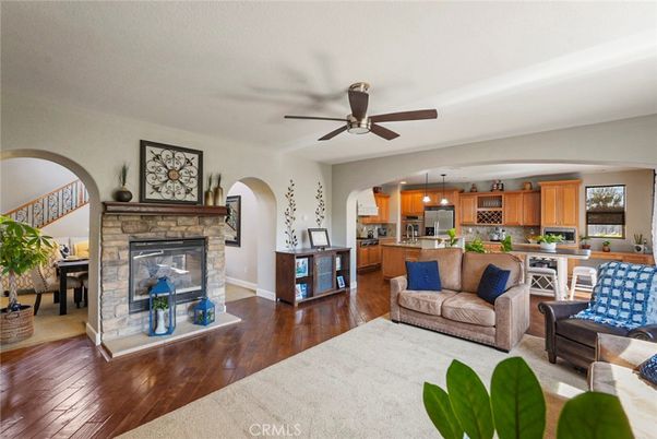Dining room, Fireplace, Interior, Kitchen, Living room, Pendant Lights, Wood Texture Flooring