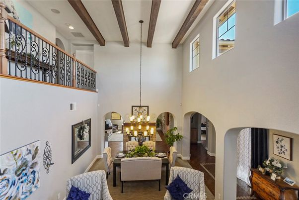 Dining room, Interior, Pendant Lights, Wooden Beams, Wood Texture Flooring