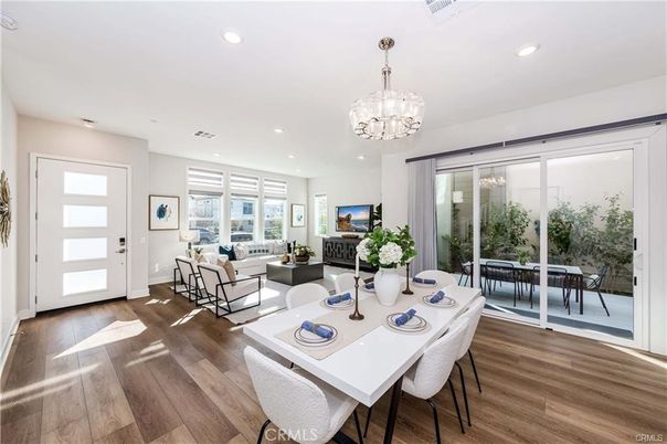 Chandelier, Dining room, Interior, Living room, Recessed Lighting, Wood Texture Flooring