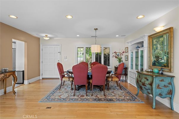 Dining room, Interior, Pendant Lights, Recessed Lighting, Wood Texture Flooring