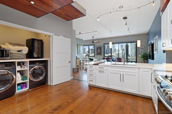 Interior, Kitchen, Pendant Lights, Recessed Lighting, Washer, Wood Texture Flooring