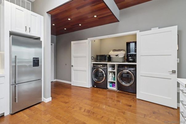 Interior, Recessed Lighting, Washer, Wooden Ceilings, Wood Texture Flooring