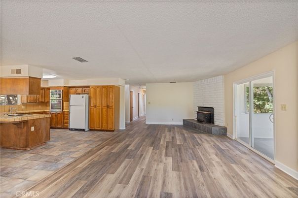 Empty room, Fireplace, Interior, Kitchen, Wood Texture Flooring