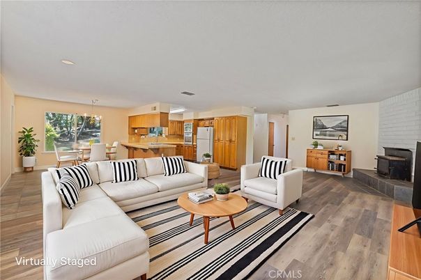 Chandelier, Dining room, Fireplace, Interior, Kitchen, Living room, Recessed Lighting, Wood Texture Flooring